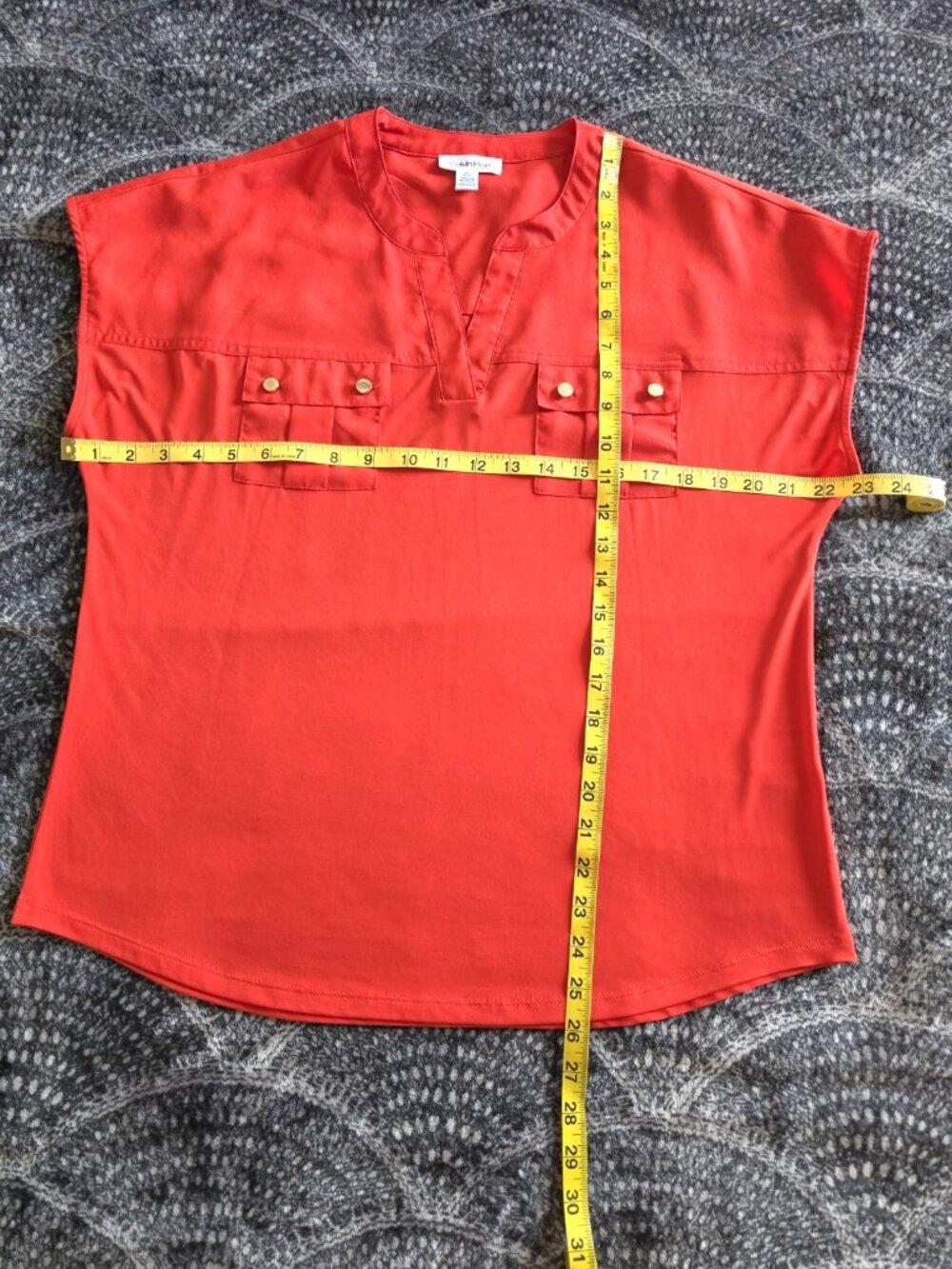 Calvin Klein Women'sOrange/Red Solid Split Neck Short Sleeve Blouse Size M - Picture 6 of 8